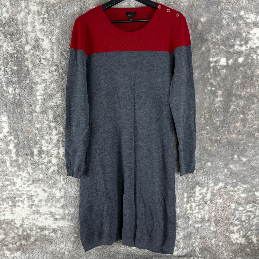 Talbots Sz L Merino Wool Colorblock Button Shoulder Knit Sweater Dress Gray Red